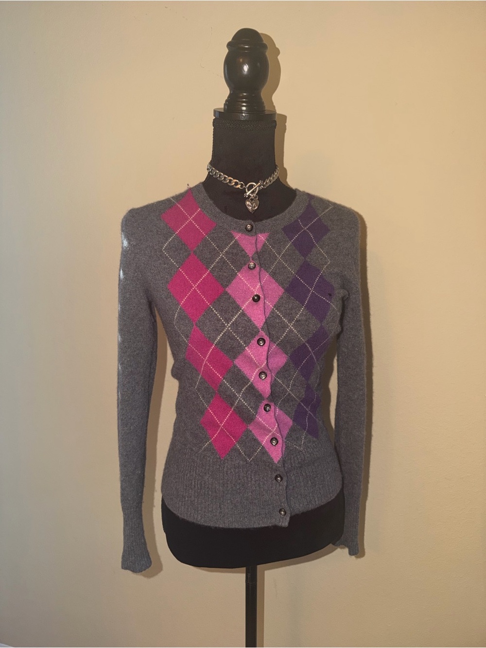 Apt. 9 Cashmere Cardigan with Pink & Purple Argyle